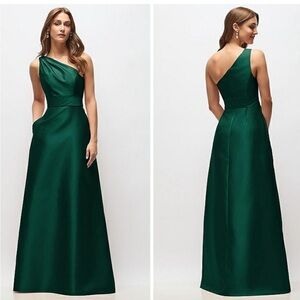 ALFRED SUNG One-Shoulder Satin Maxi Dress with Pockets Hunter Green size 16